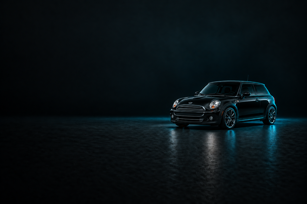 Black Mini Cooper R56 hatchback on a charcoal background with cyan lighting.