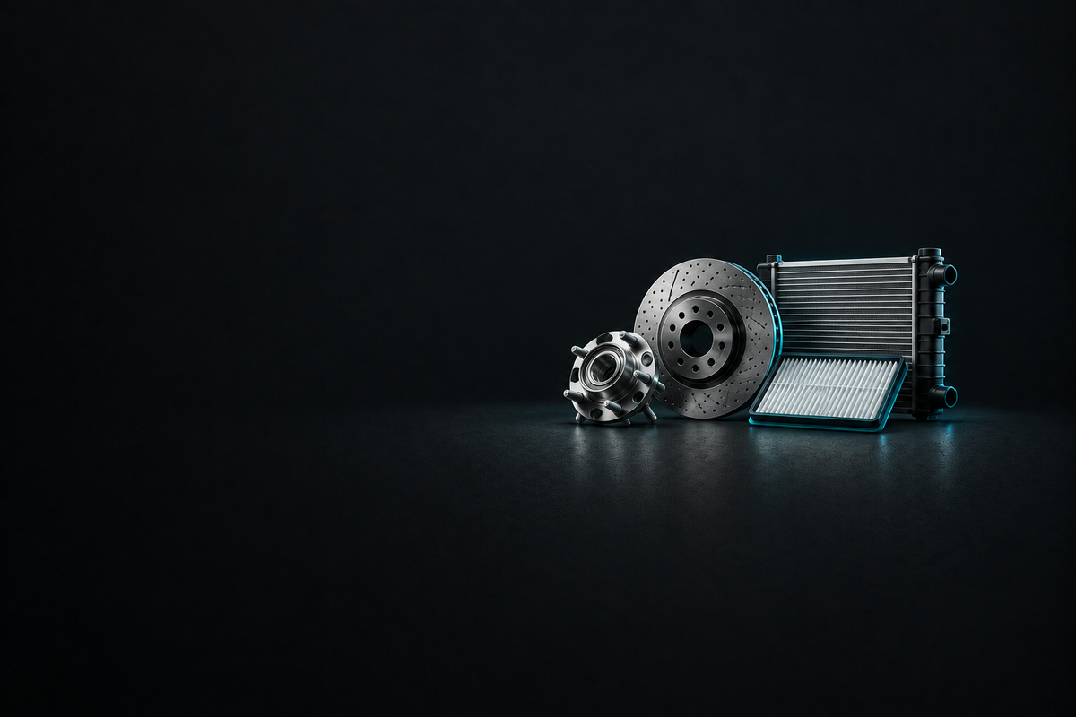 Mitsubishi Parts banner with assorted unbranded automotive components on a dark charcoal background.