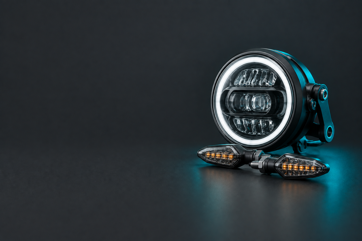 Motorcycle headlamp and indicators on a charcoal background with teal accents.
