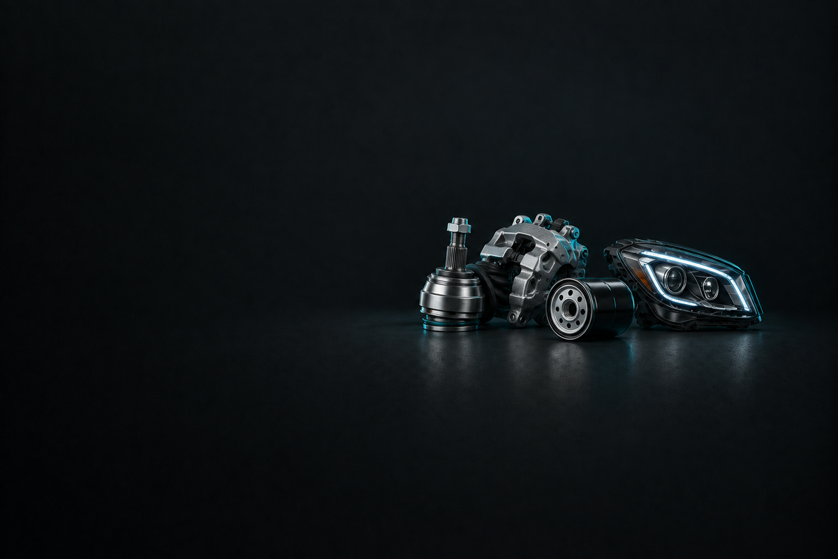 Nissan Parts banner with assorted unbranded automotive components on a dark charcoal background.