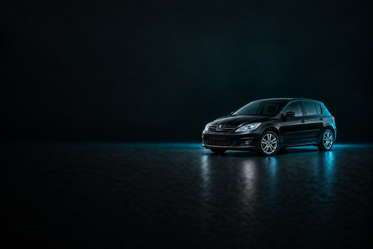 Black Peugeot 308 T7 hatchback on a charcoal background with cyan lighting.