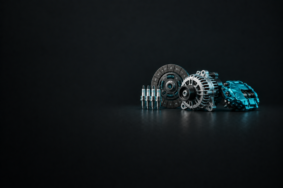 Peugeot Parts banner with assorted unbranded automotive components on a dark charcoal background.
