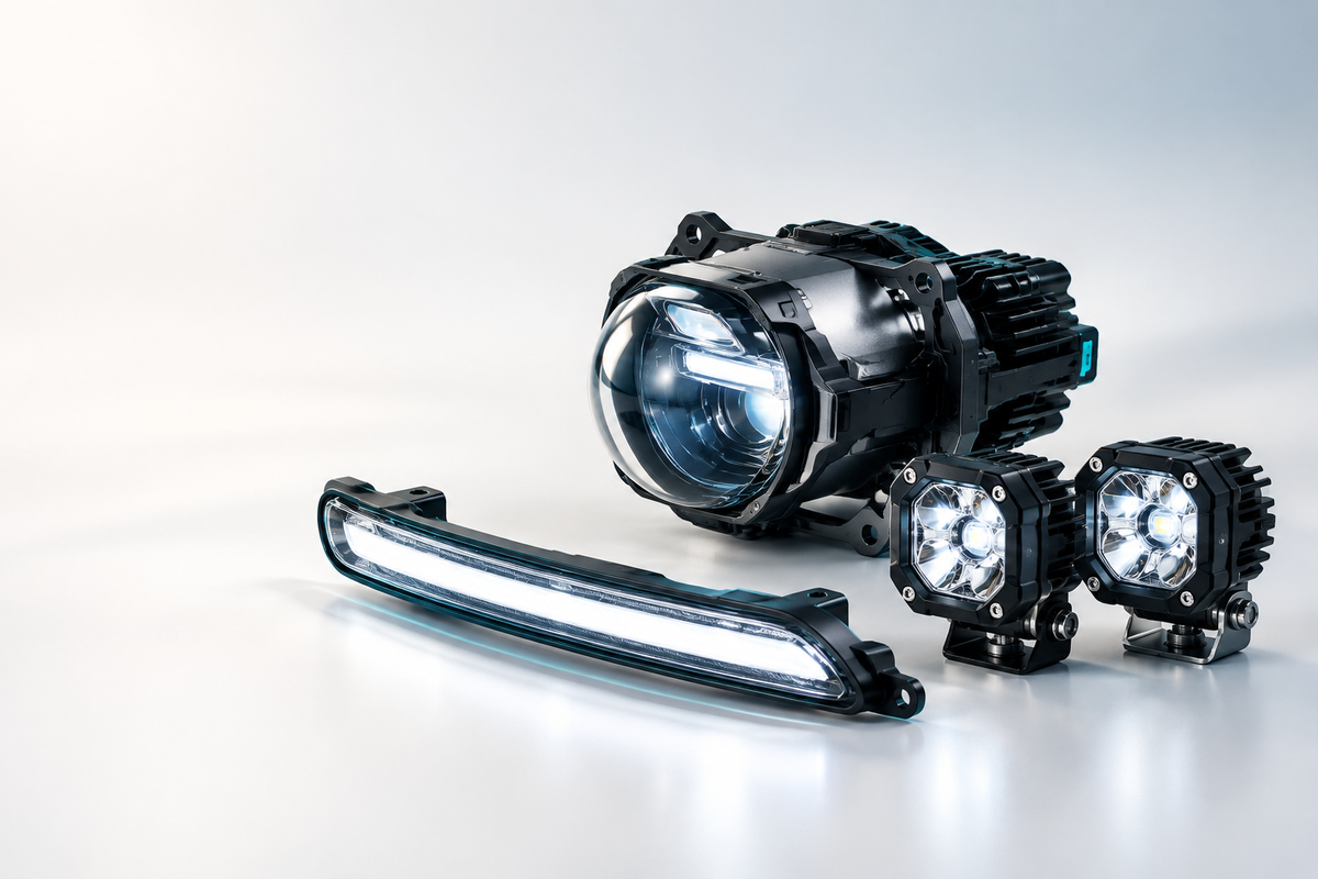 Automotive LED headlamp, daytime running light strip and auxiliary spotlights.