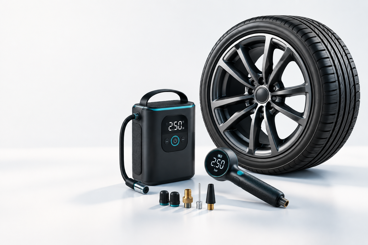 Car tyre and alloy wheel with a portable inflator, pressure gauge and valve accessories.