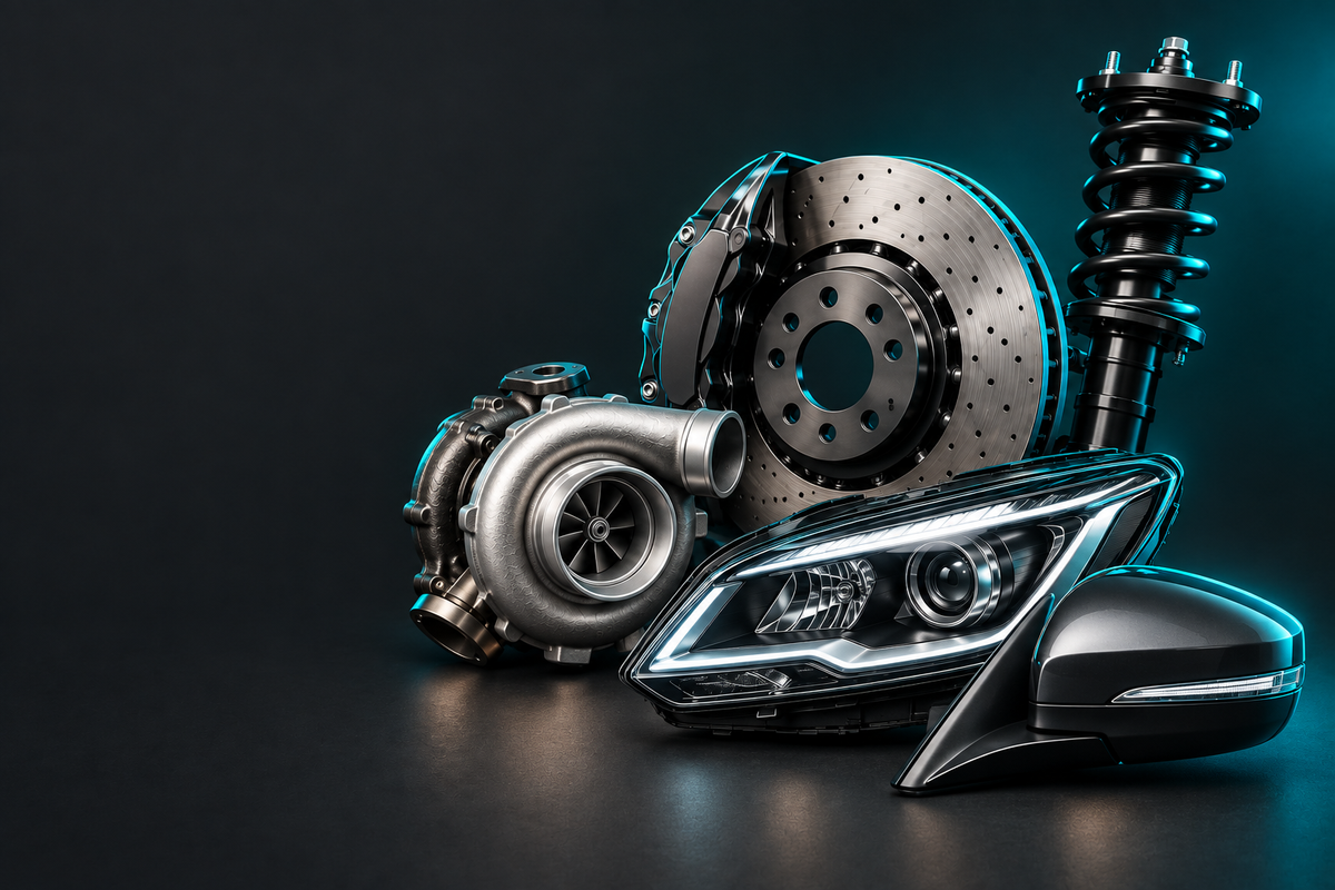 Porsche Parts banner showing automotive parts in a dark charcoal studio with teal accent lighting.