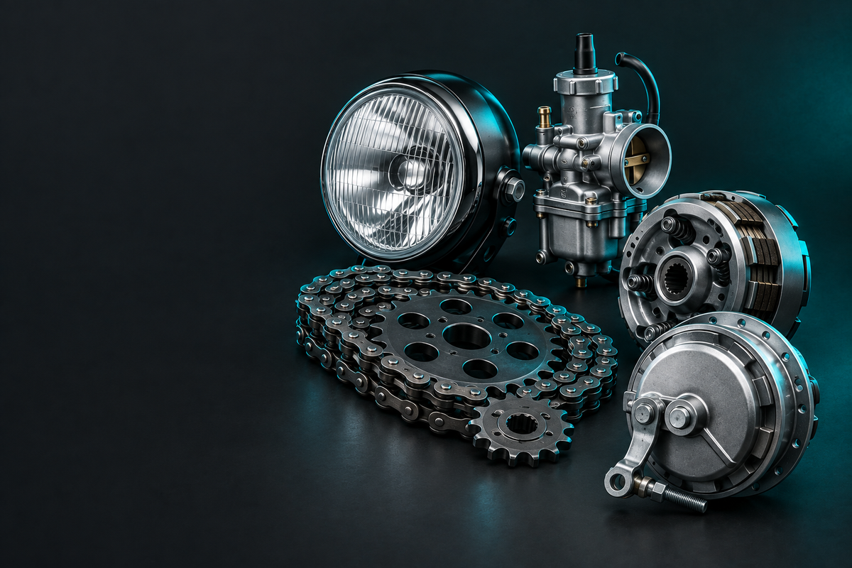 Puch Parts banner showing moped and motorcycle parts in a dark charcoal studio with teal accent lighting.