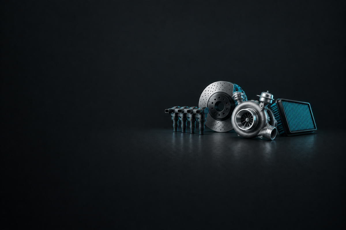 Renault Parts banner with assorted unbranded automotive components on a dark charcoal background.