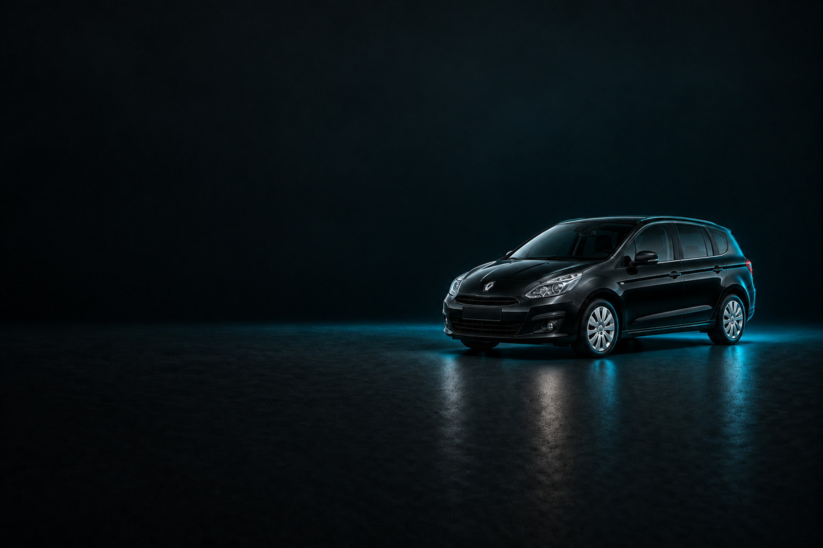 Black Renault Scenic III MPV on a charcoal background with cyan lighting.