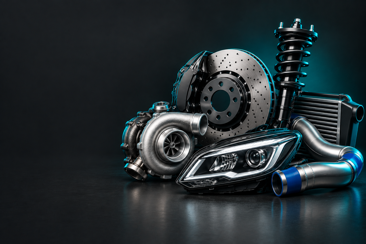 Saab Parts banner showing automotive parts in a dark charcoal studio with teal accent lighting.