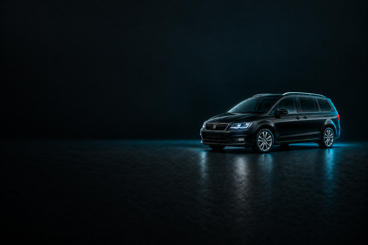 Black SEAT Alhambra 7N MPV on a charcoal background with cyan lighting.