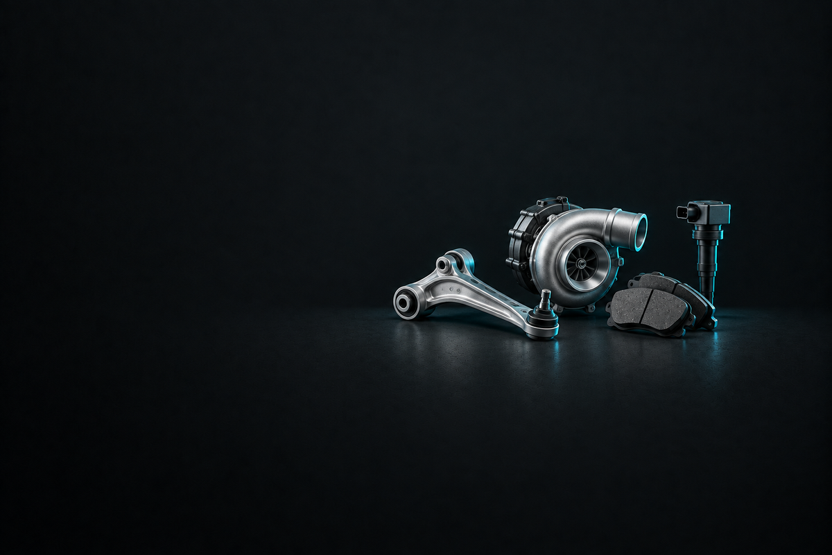 Seat Parts banner with assorted unbranded automotive components on a dark charcoal background.