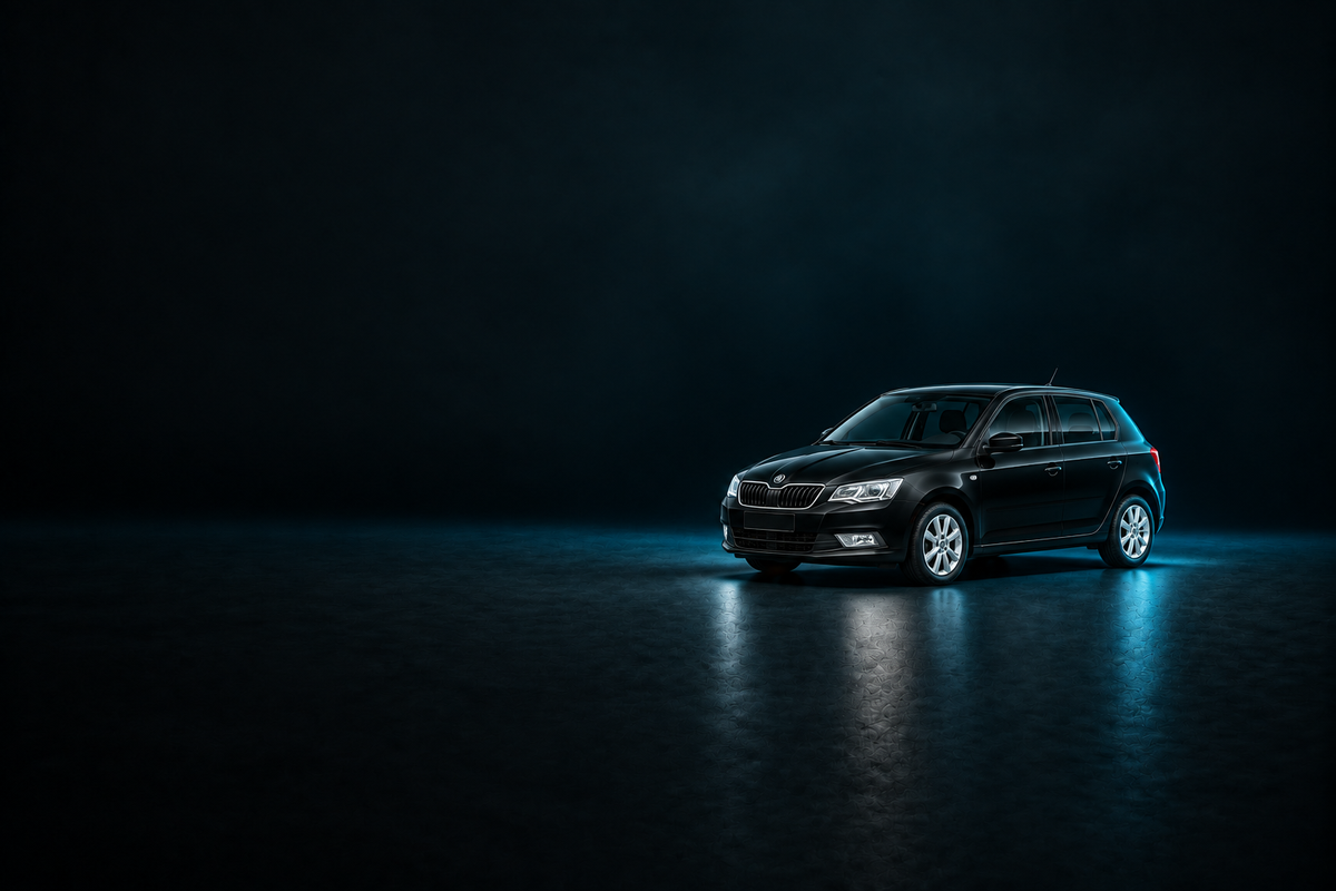 Black Skoda Fabia hatchback on a glossy dark floor with cyan rim lighting.