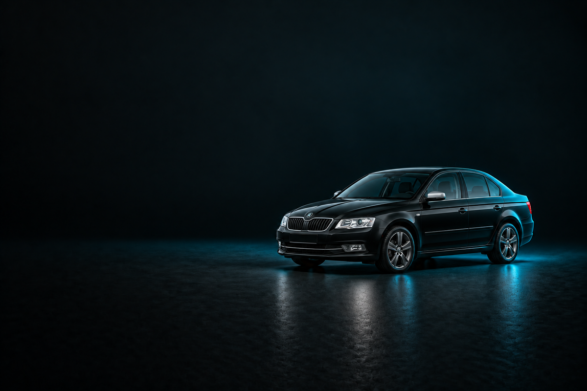 Black Skoda Octavia on a glossy charcoal floor with cool blue lighting.
