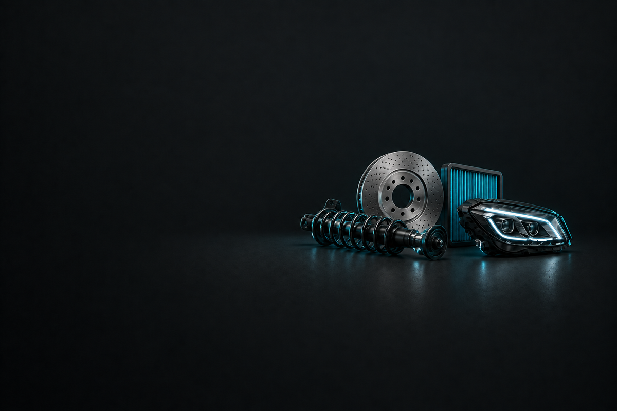 Skoda Parts banner with assorted unbranded automotive components on a dark charcoal background.