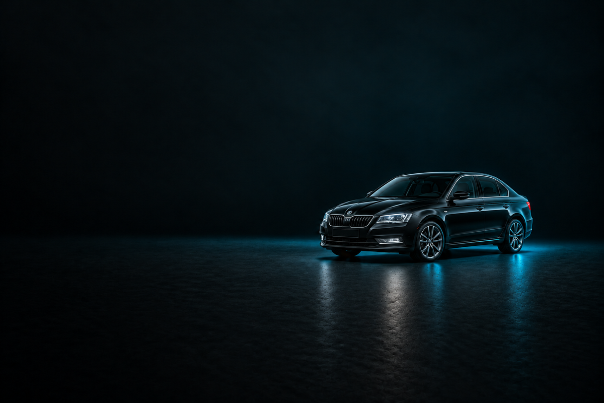 Black Skoda Superb saloon in a dark studio with cool blue rim lighting.