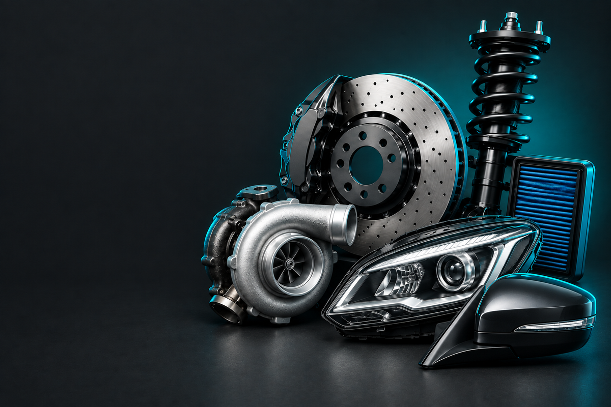 SsangYong Parts banner showing automotive parts in a dark charcoal studio with teal accent lighting.