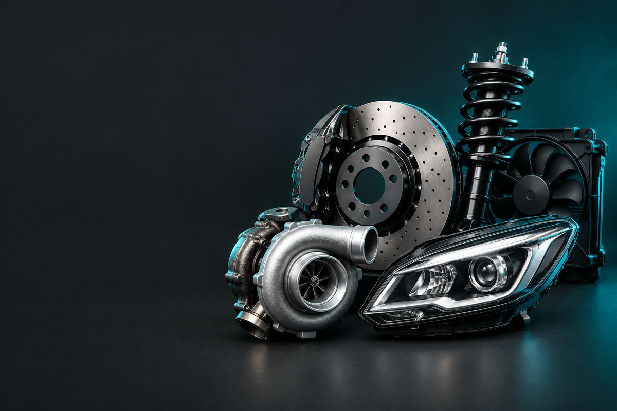Subaru Parts banner showing automotive parts in a dark charcoal studio with teal accent lighting.