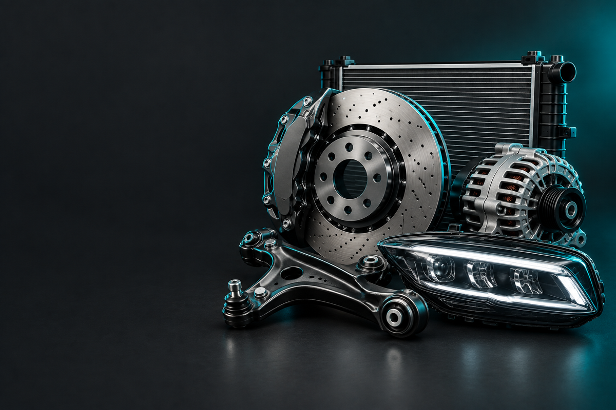 Suzuki Parts banner showing automotive parts in a dark charcoal studio with teal accent lighting.