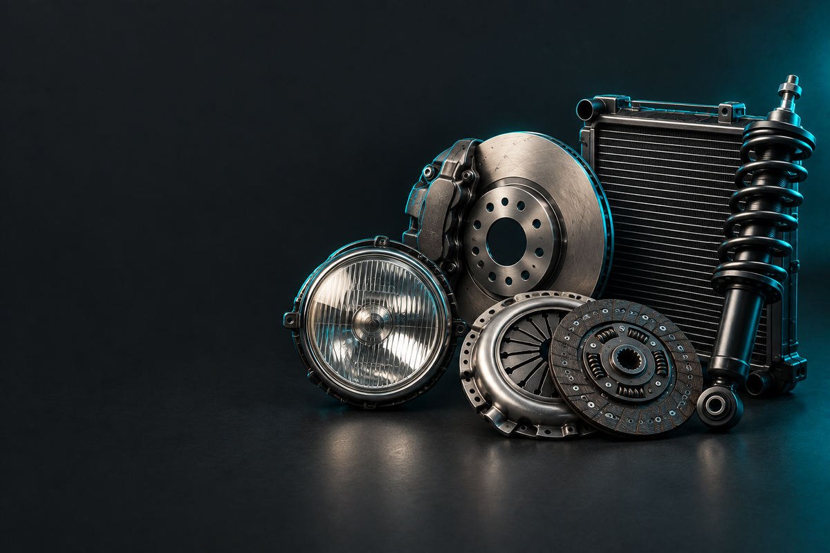 Talbot Parts banner showing automotive parts in a dark charcoal studio with teal accent lighting.