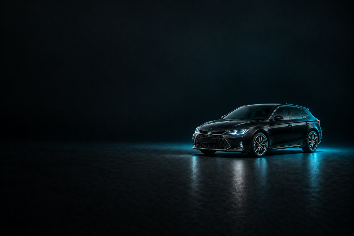 Black Toyota Corolla E210 hatchback on a charcoal background with cyan lighting.