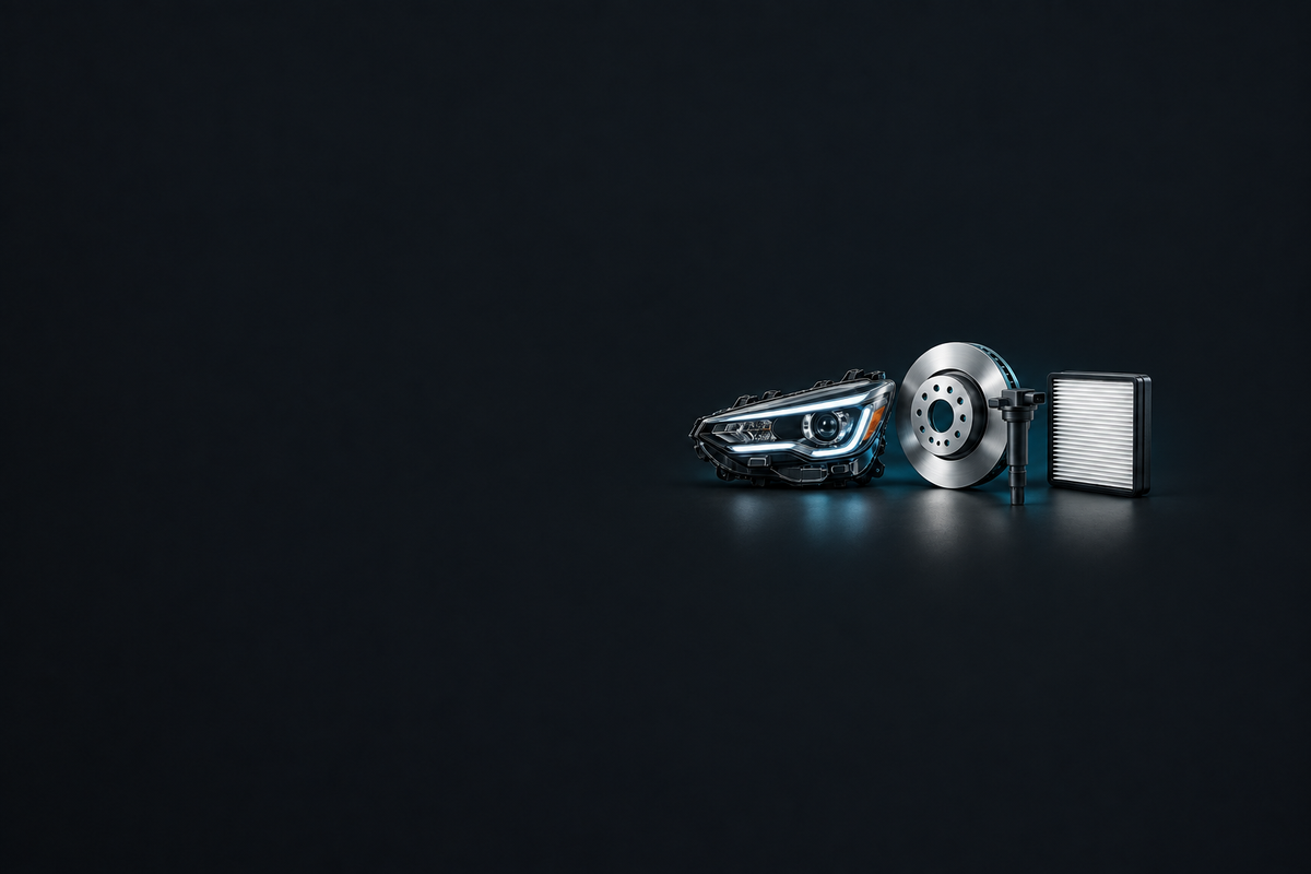 Toyota Parts banner showing a headlight, brake disc, ignition coil and pleated filter on a dark background.