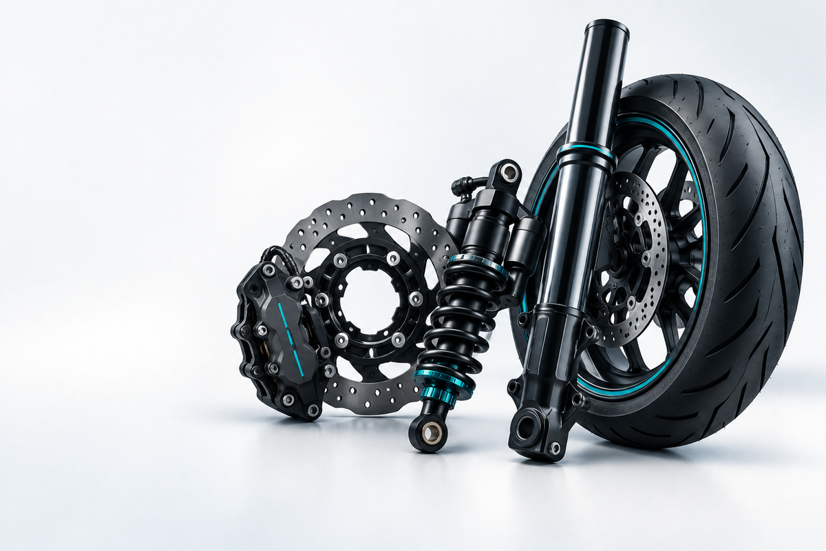 Motorcycle brake discs and caliper with suspension shock, fork and wheel.