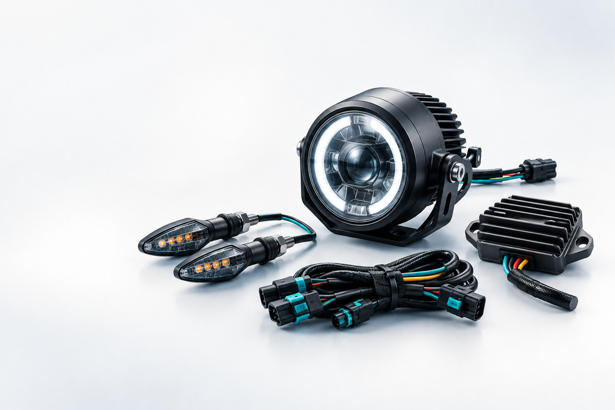 Motorcycle headlight and LED indicators with wiring harness and regulator.