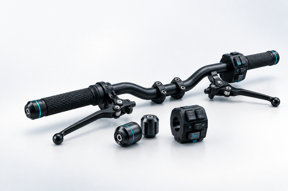 Motorcycle handlebar with grips, levers, bar-end weights and switchgear.