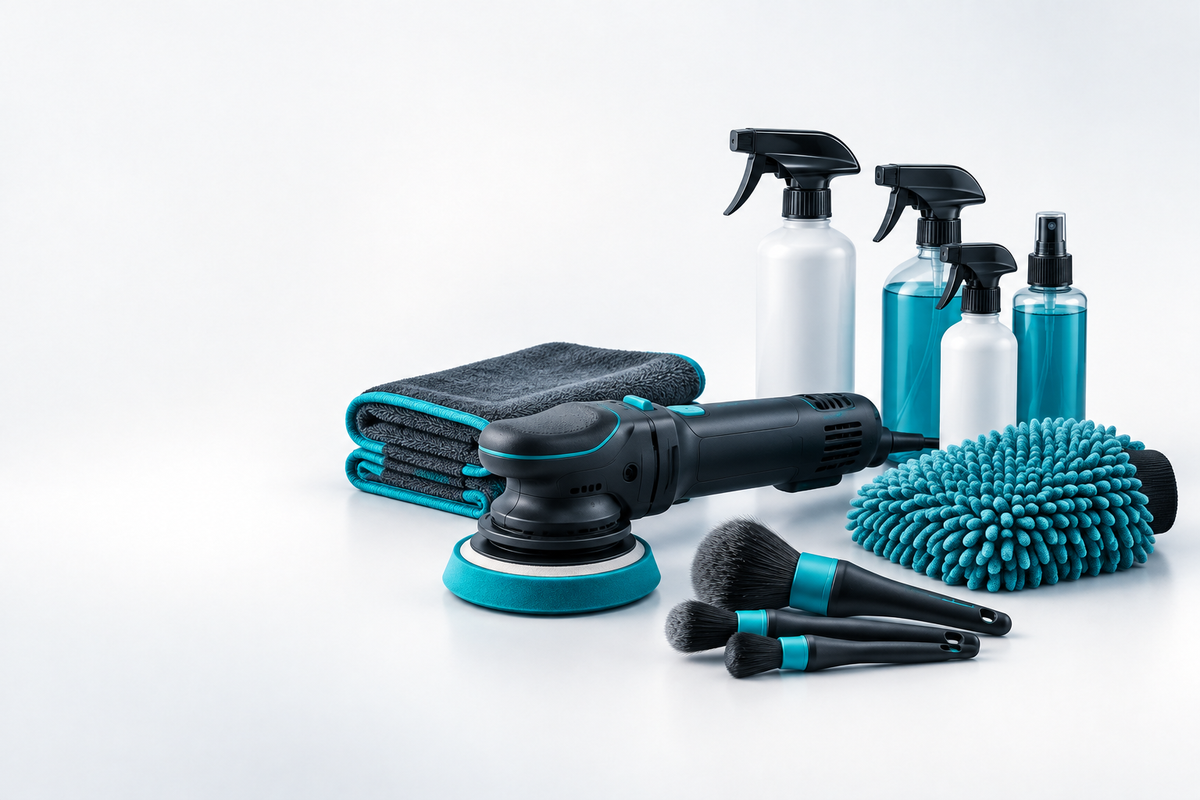 Car polisher, microfibre cloths, detailing brushes, wash mitt and spray bottles.