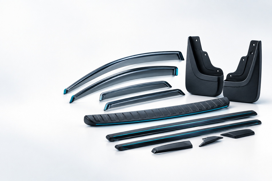 Car window deflectors, mud flaps, bumper protector and exterior trim pieces.