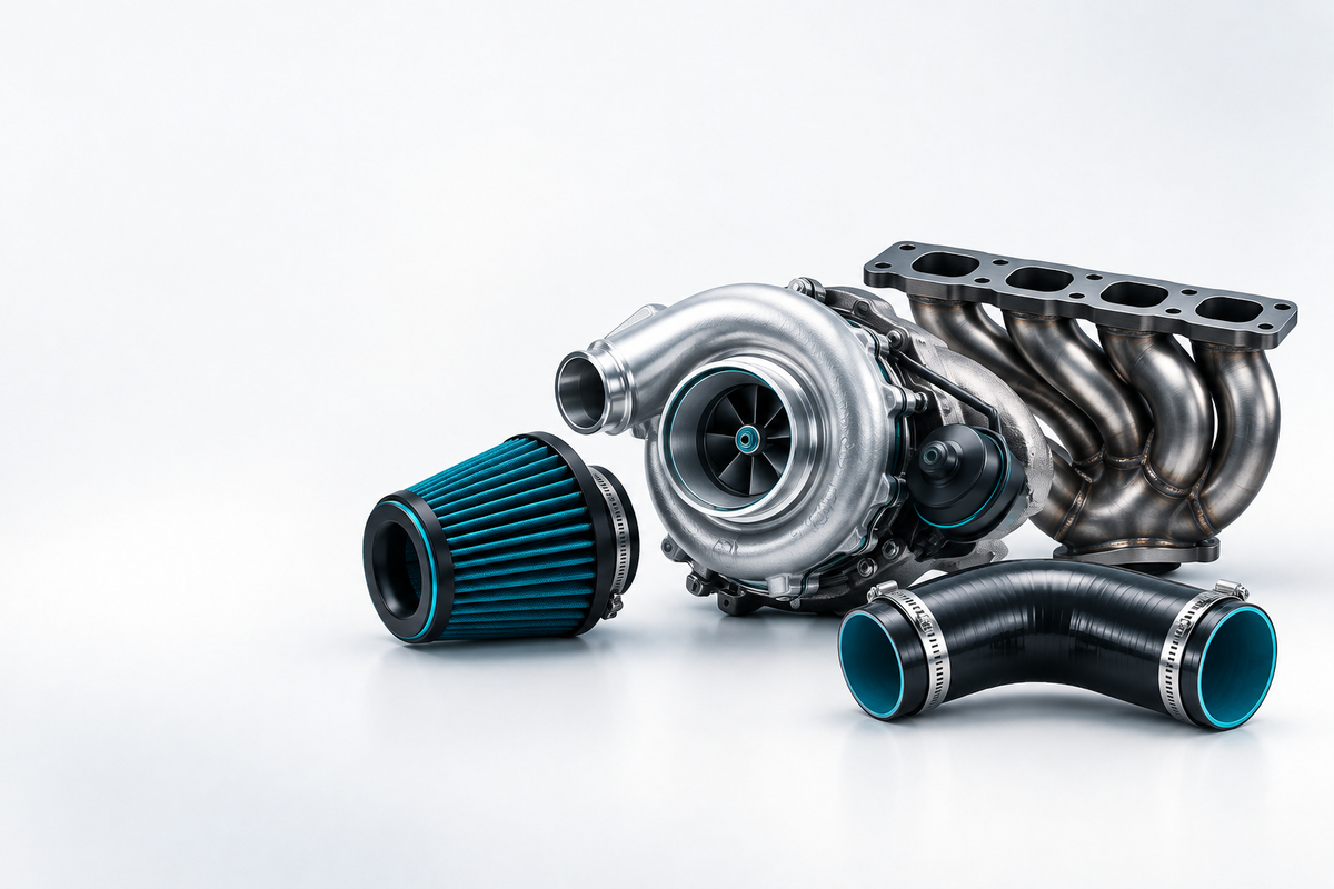 Turbocharger, performance air filter, exhaust manifold and intercooler hoses.