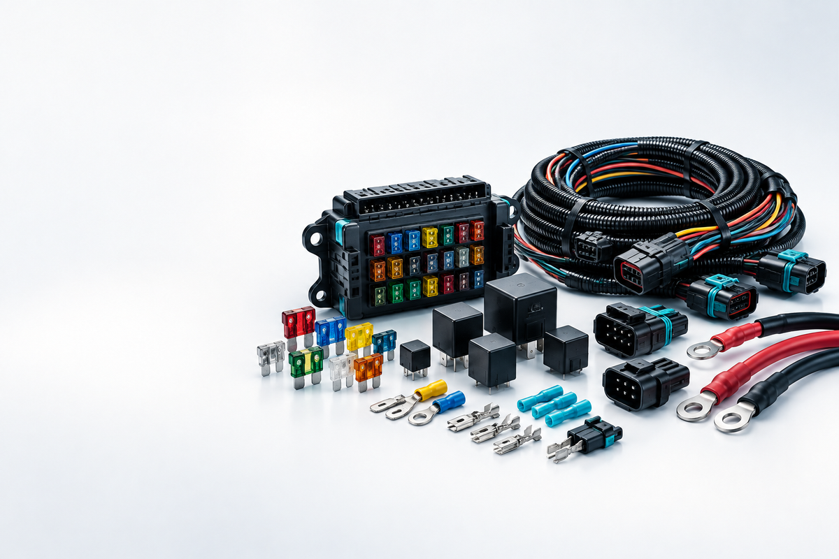 Automotive fuse box, relays, wiring harness, connectors and battery cables.