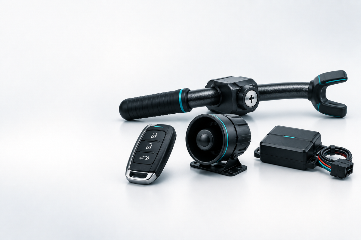 Car key fob, steering-wheel lock, alarm siren and security module.