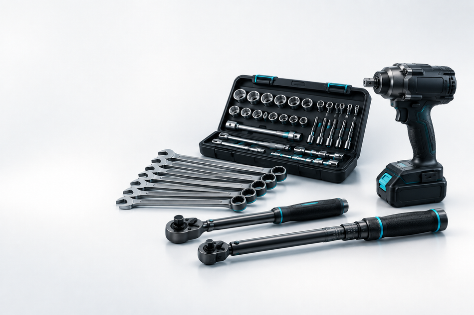 Mechanic socket set, spanners, ratchets and cordless impact wrench.