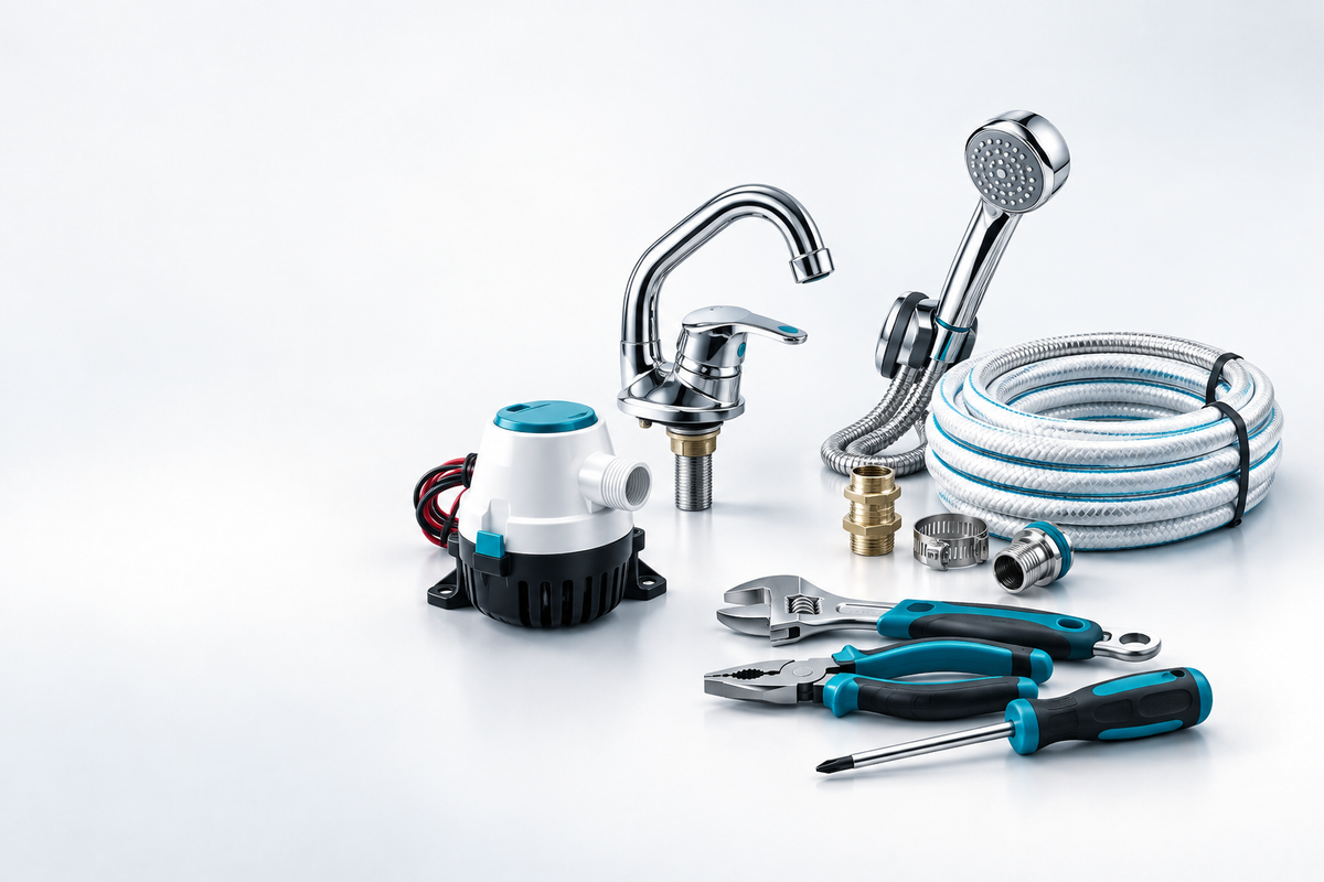 Boat faucet and shower fixture, bilge pump, hose fittings and hand tools.
