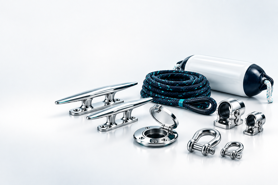 Stainless boat cleats, deck fittings, rail clamps, mooring line, fender and shackles.