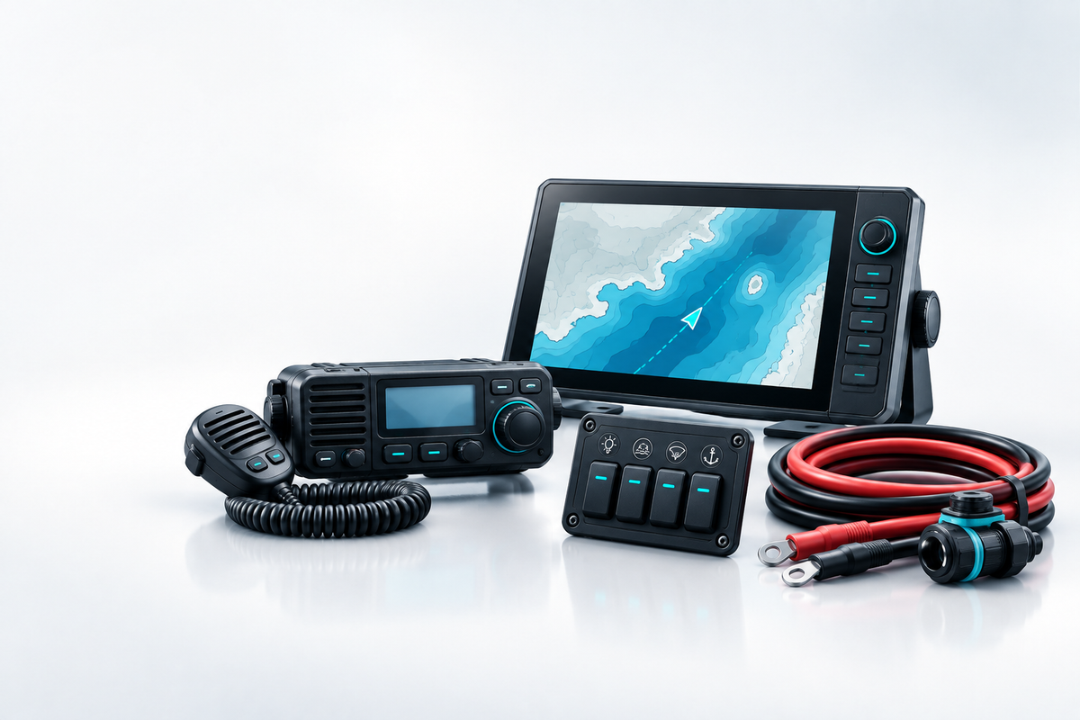 Marine chartplotter, VHF radio, switch panel and battery cables.