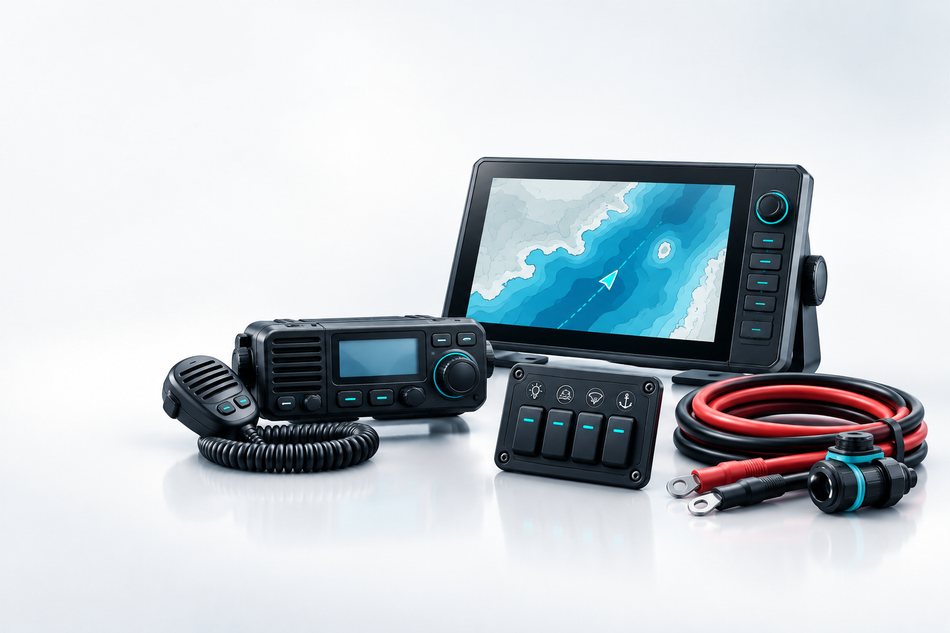 Marine chartplotter, VHF radio, switch panel and battery cables.