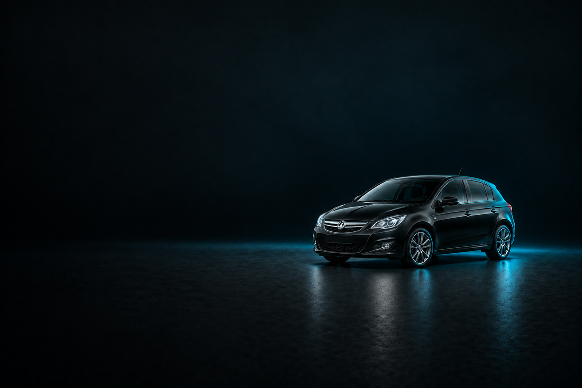 Black Vauxhall Corsa hatchback on a charcoal background with cyan lighting.