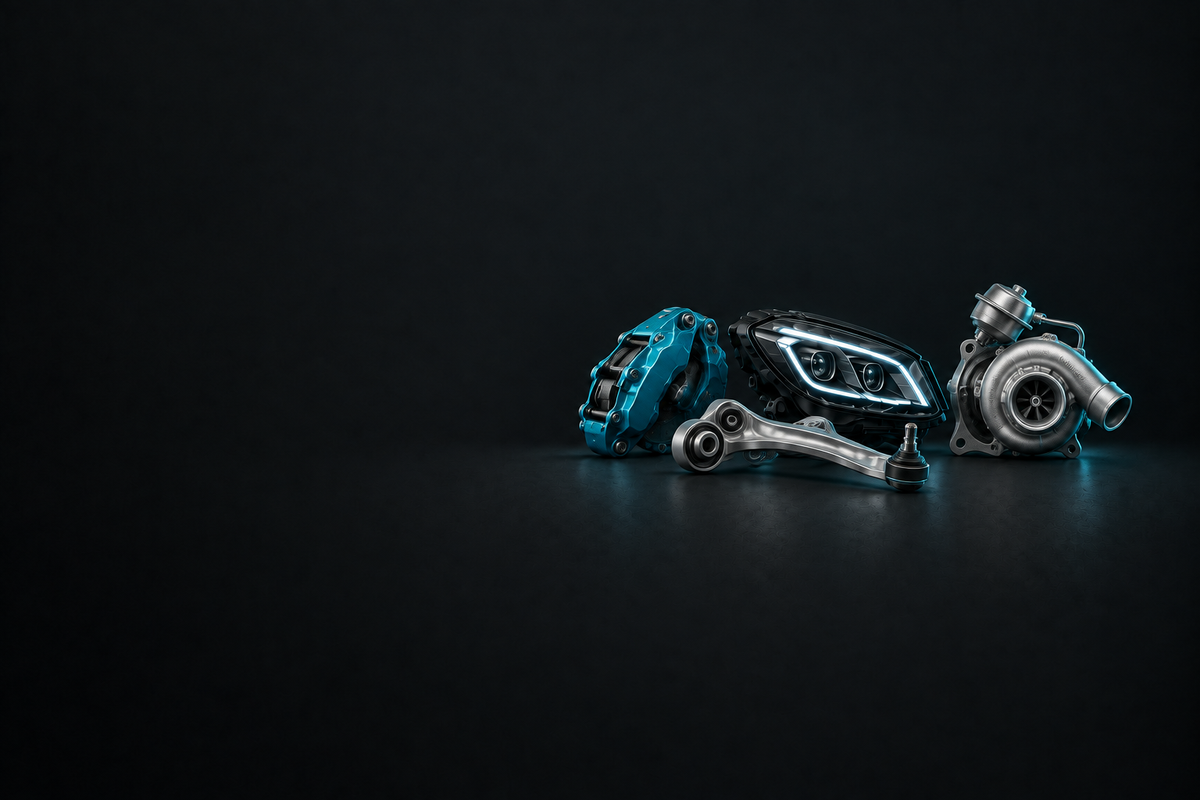 Volvo Parts banner with assorted unbranded automotive components on a dark charcoal background.