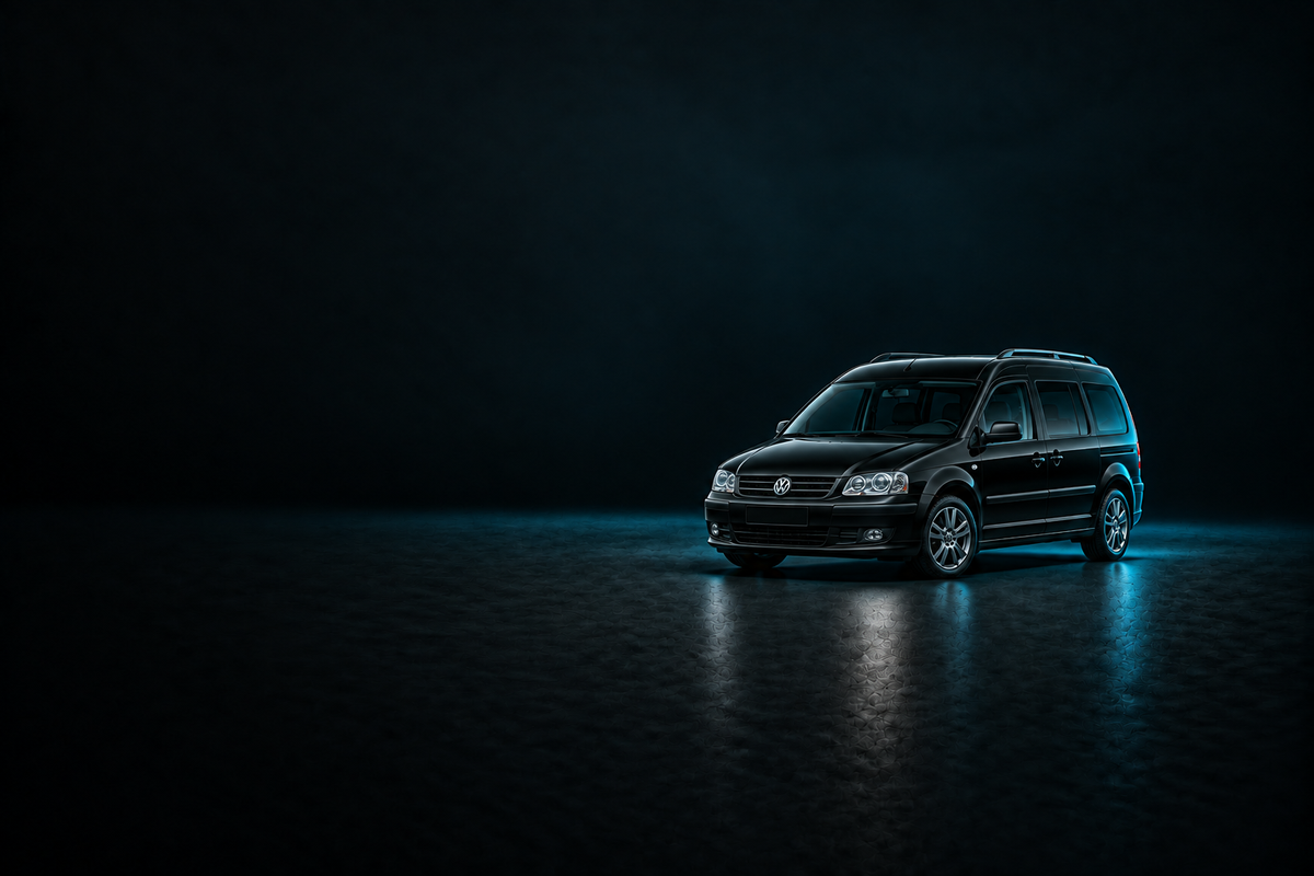 Black Volkswagen Caddy van on a glossy dark floor with cyan lighting.