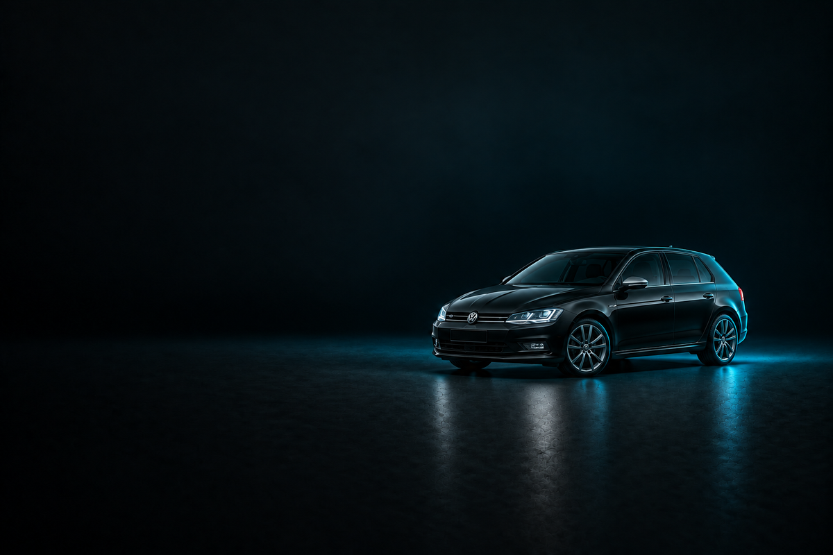 Black Volkswagen Golf hatchback on a dark charcoal floor with cool blue lighting.