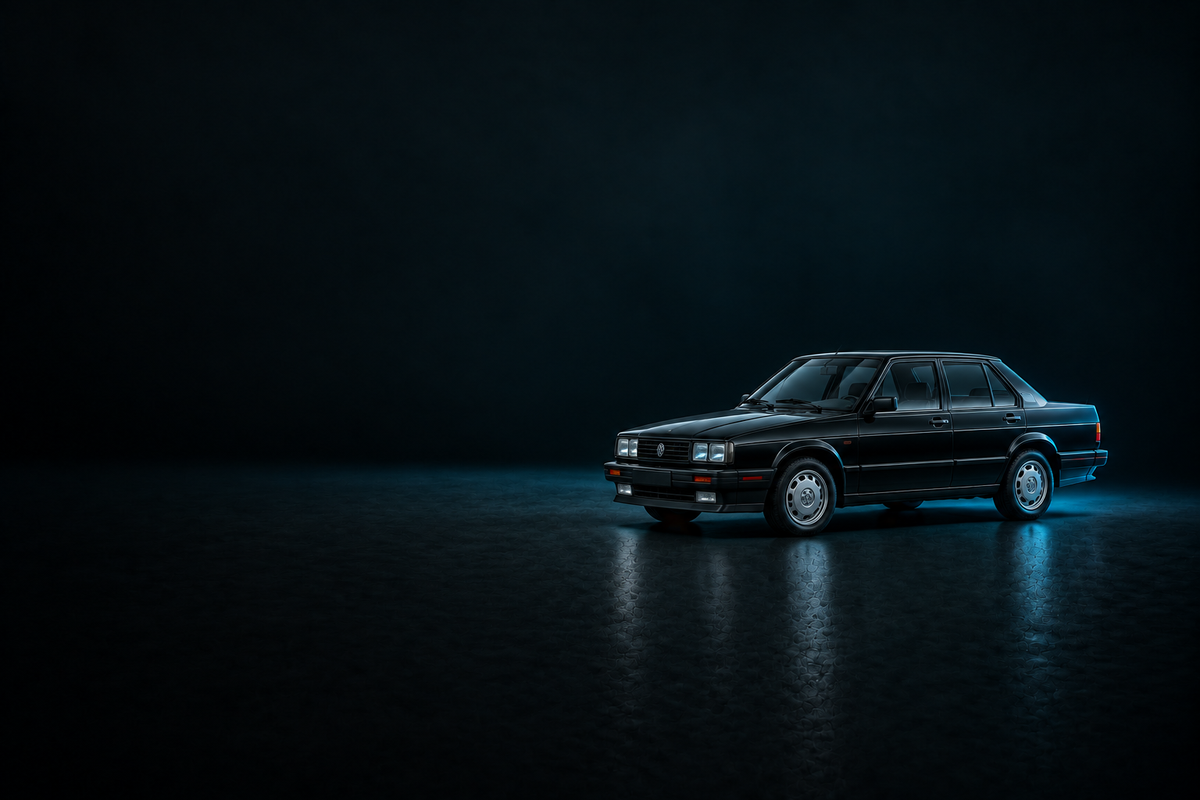 Black Volkswagen Jetta saloon on a glossy charcoal floor with cool blue lighting.