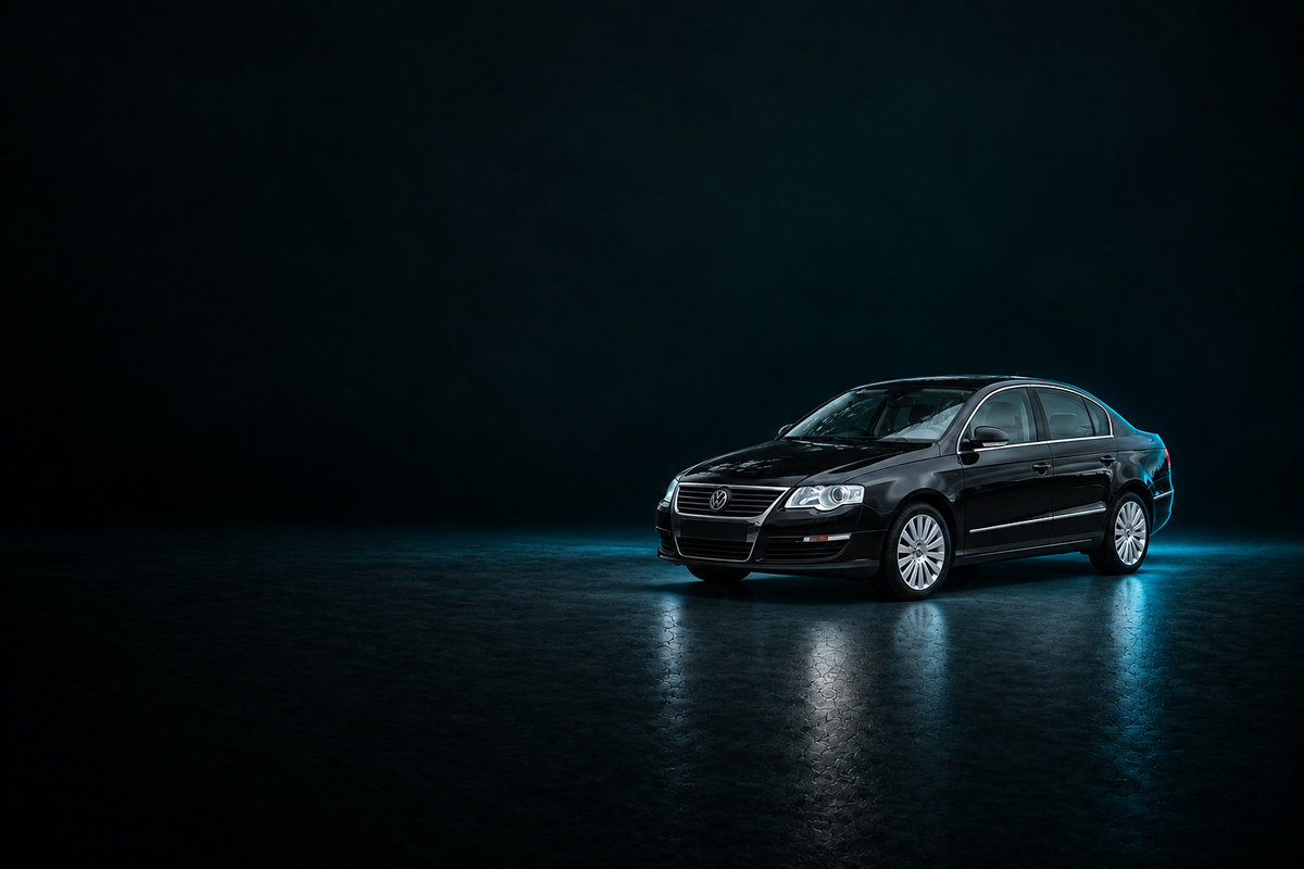 Black Volkswagen Passat saloon in a dark studio with cool blue lighting.