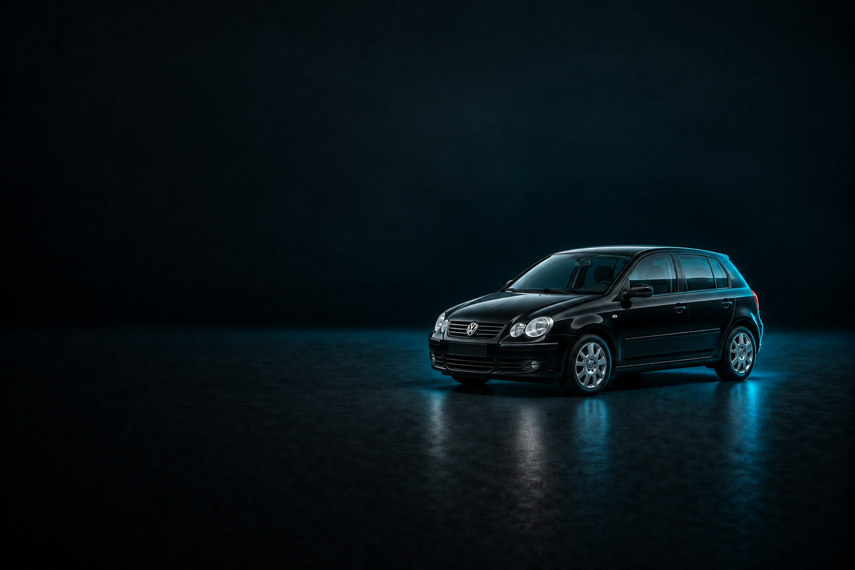 Black Volkswagen Polo hatchback on a charcoal background with cool blue lighting.
