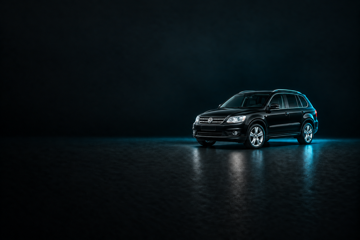 Black Volkswagen Tiguan 5N SUV on a charcoal background with cyan lighting.