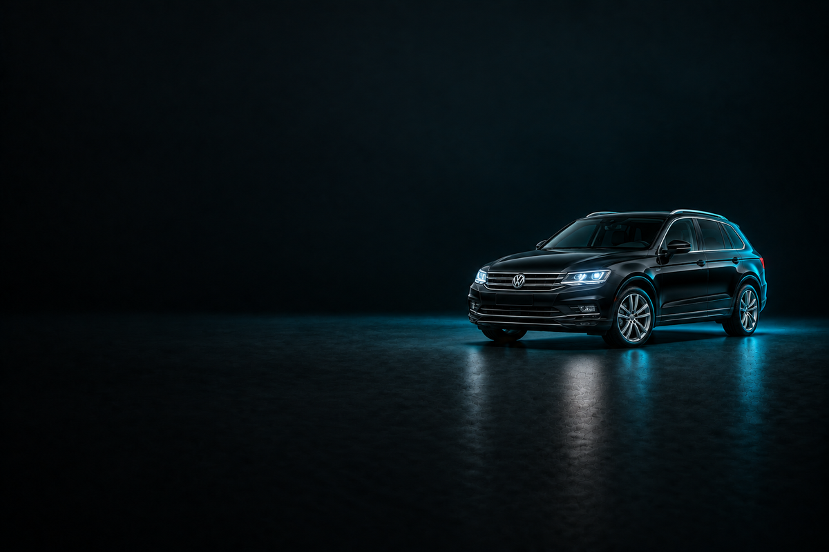 Black Volkswagen Touareg SUV on a charcoal background with cyan lighting.