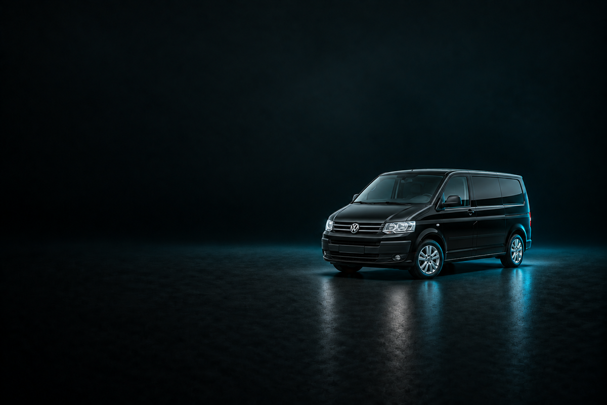 Black Volkswagen Transporter van in a dark studio with cyan edge lighting.