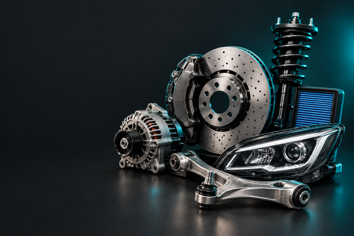 VW Parts banner showing automotive parts in a dark charcoal studio with teal accent lighting.