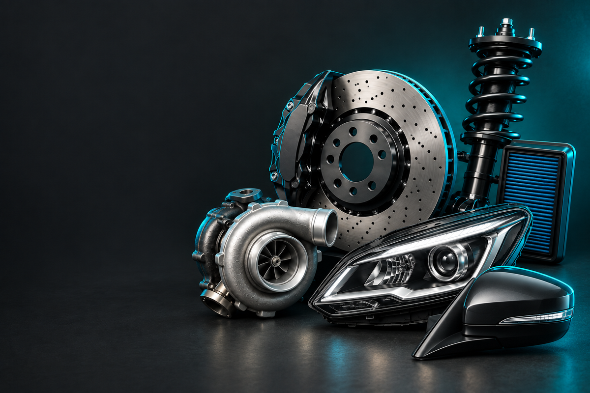 BMW Parts banner showing automotive parts in a dark charcoal studio with teal accent lighting.